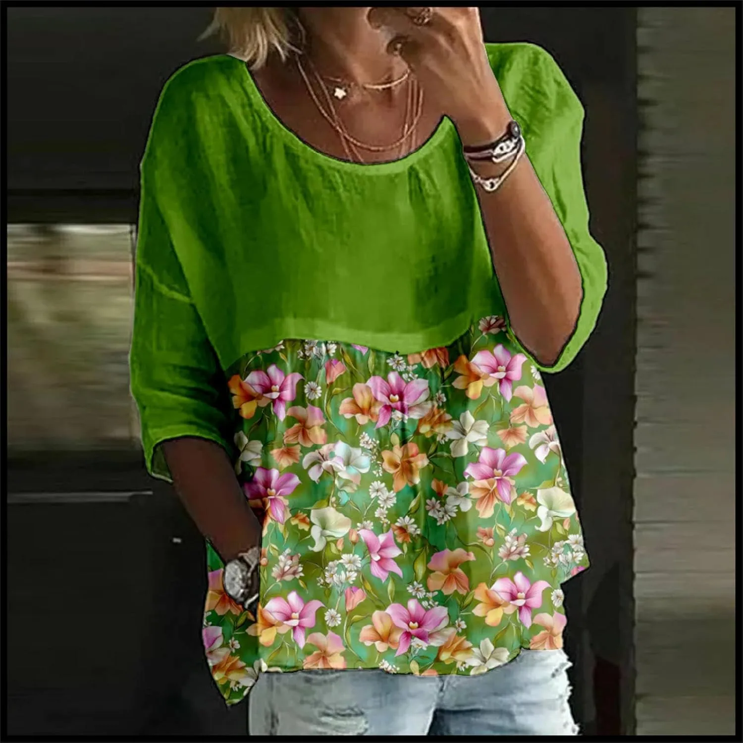 Womens Peasant Boho Tunic Tops 2025 Floral Printed 3/4 Length Sleeve Casual Loose Fit Summer Flowy Babydoll Blouses
