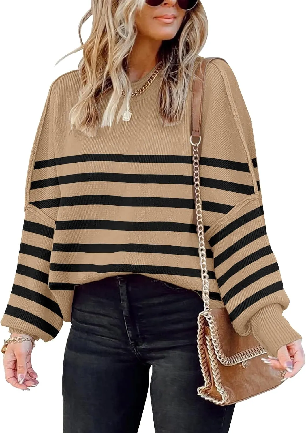 Womens Sweaters Causal Crewneck Batwing Sleeve Knit Top Side Split Oversized Pullover Sweater Loose Jumper
