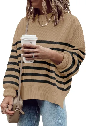 Womens Sweaters Causal Crewneck Batwing Sleeve Knit Top Side Split Oversized Pullover Sweater Loose Jumper
