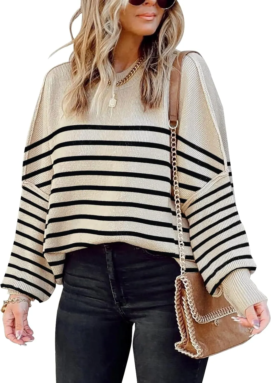 Womens Sweaters Causal Crewneck Batwing Sleeve Knit Top Side Split Oversized Pullover Sweater Loose Jumper
