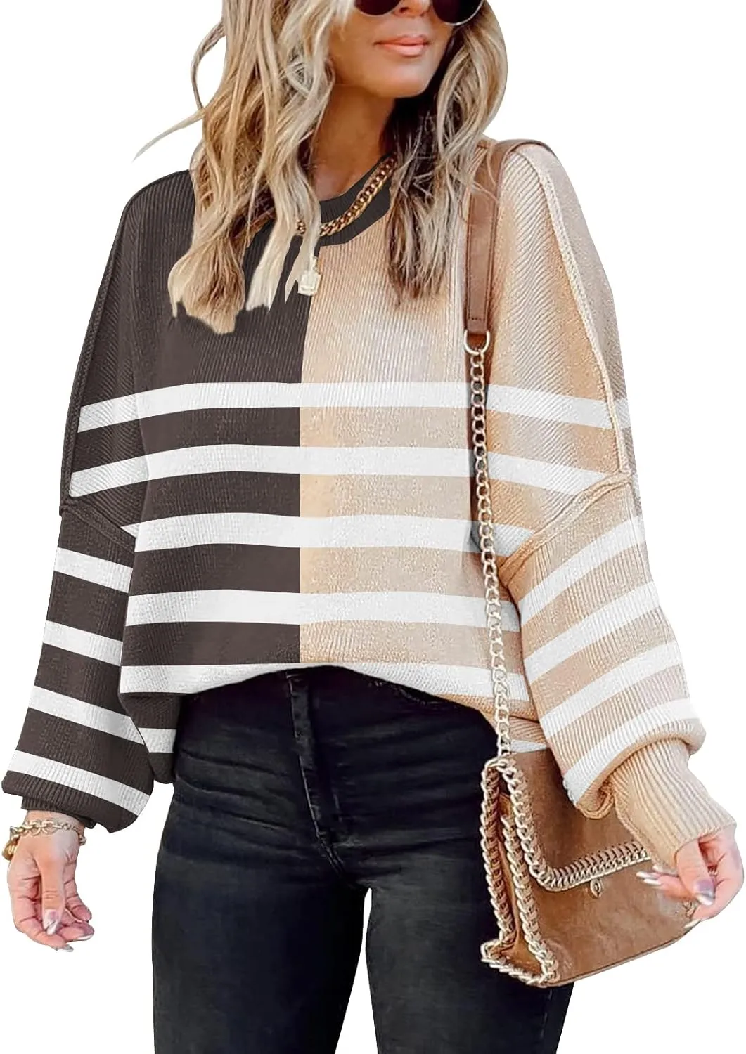Womens Sweaters Causal Crewneck Batwing Sleeve Knit Top Side Split Oversized Pullover Sweater Loose Jumper